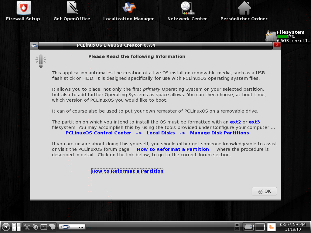Zudem liegt ein Werkzeug bei, mit dem ein angepasstes PCLinuxOS auf USB-Stick installiert werden kann.