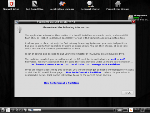 Zudem liegt ein Werkzeug bei, mit dem ein angepasstes PCLinuxOS auf USB-Stick installiert werden kann.