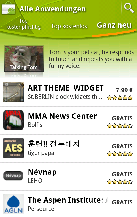 Neuer Android Market - Bereich neuer Applikationen