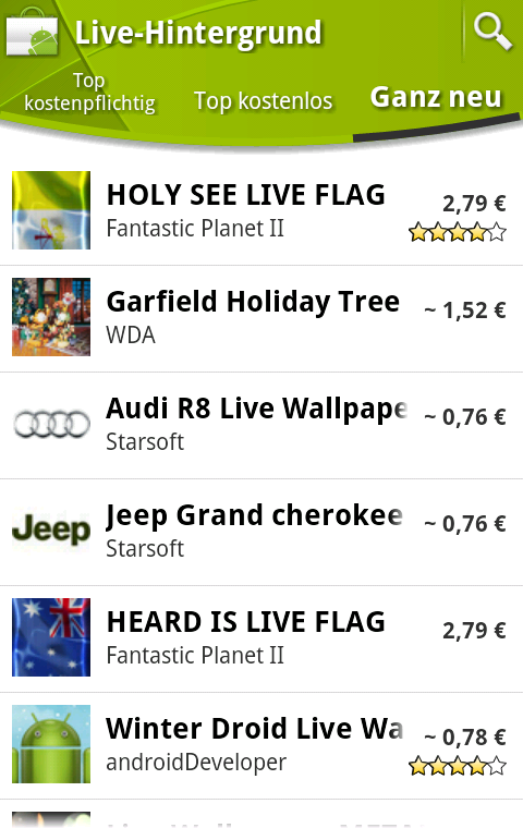 Android Market mit neuer Kategorie mit animierten Hintergrundbildern