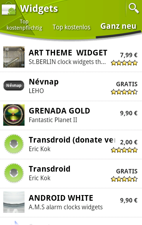 Neue Widget-Kategorie im Android Market