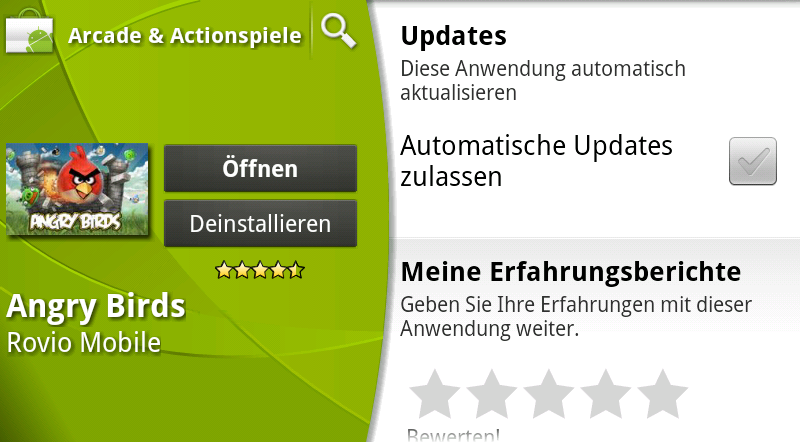 Android Market mit Programmbeschreibung im Querformat