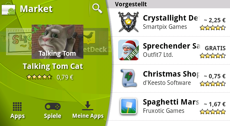 Startbildschirm vom Android Market im Querformat