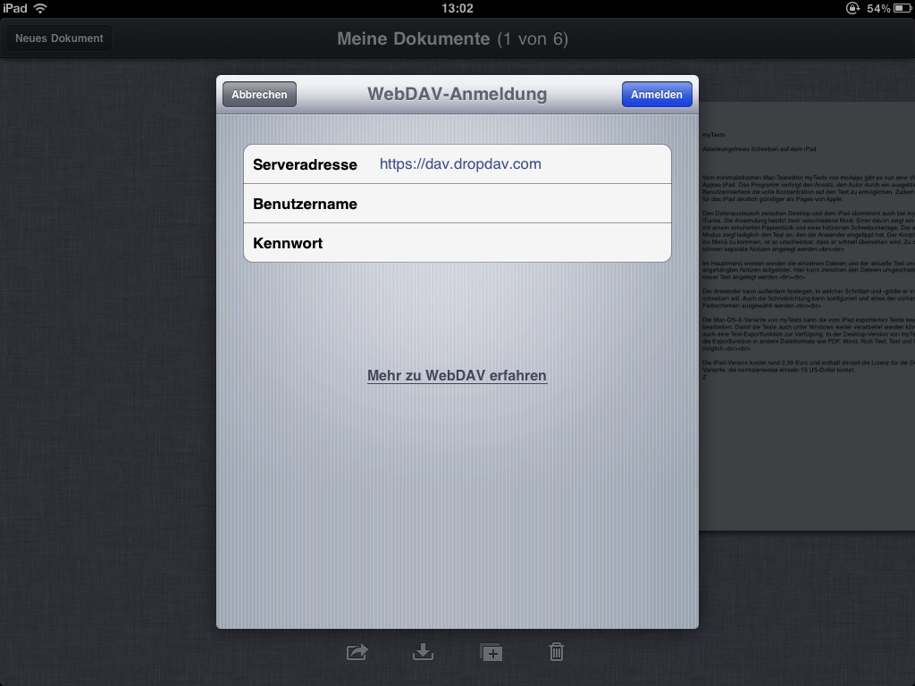 iWork Pages "WebDAV Anmeldung"