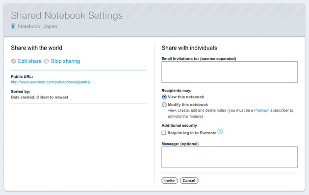 Evernote für Mac OS X 2.0 - Einladung für die Sharing-Funktion