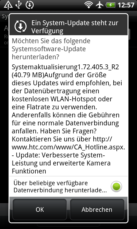 Desire HD - Infodialog zur neuen Firmware