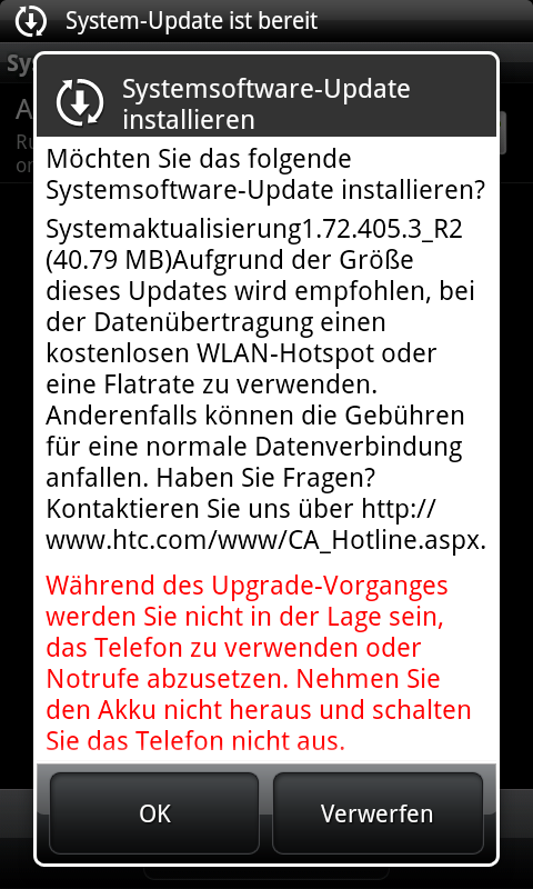 Desire HD - Infodialog vor der Installation der neuen Firmware