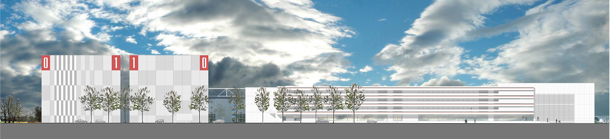 Konzeptzeichnung: links die Rechnerwürfel, rechts die Büros des LRZ