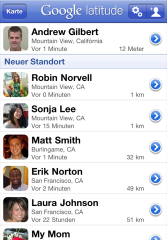 Google Latitude auf dem iPhone - Kontaktübersicht