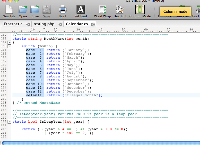 Ultraedit für Mac OS X - Spaltenmodus