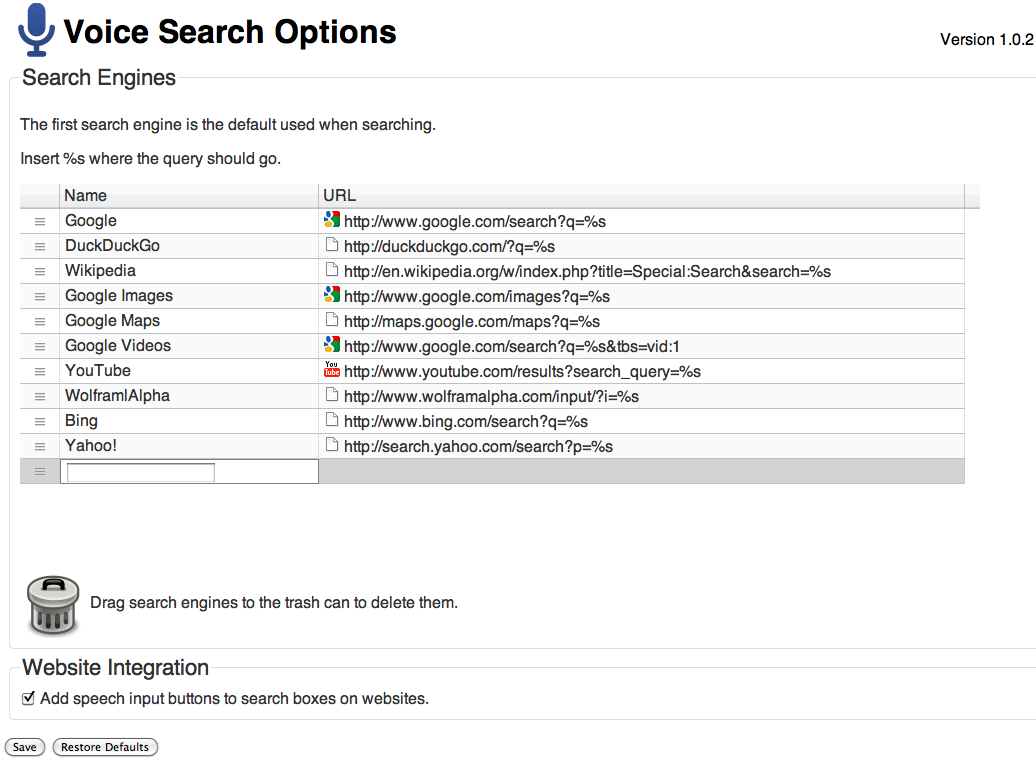 Optionen von Voice Search