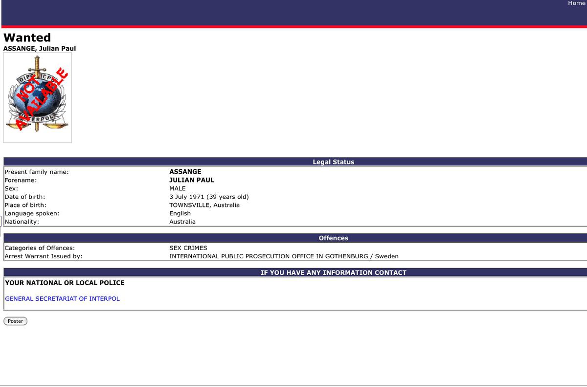 Screenshot: Interpol-Haftbefehl gegen Julian Assange 