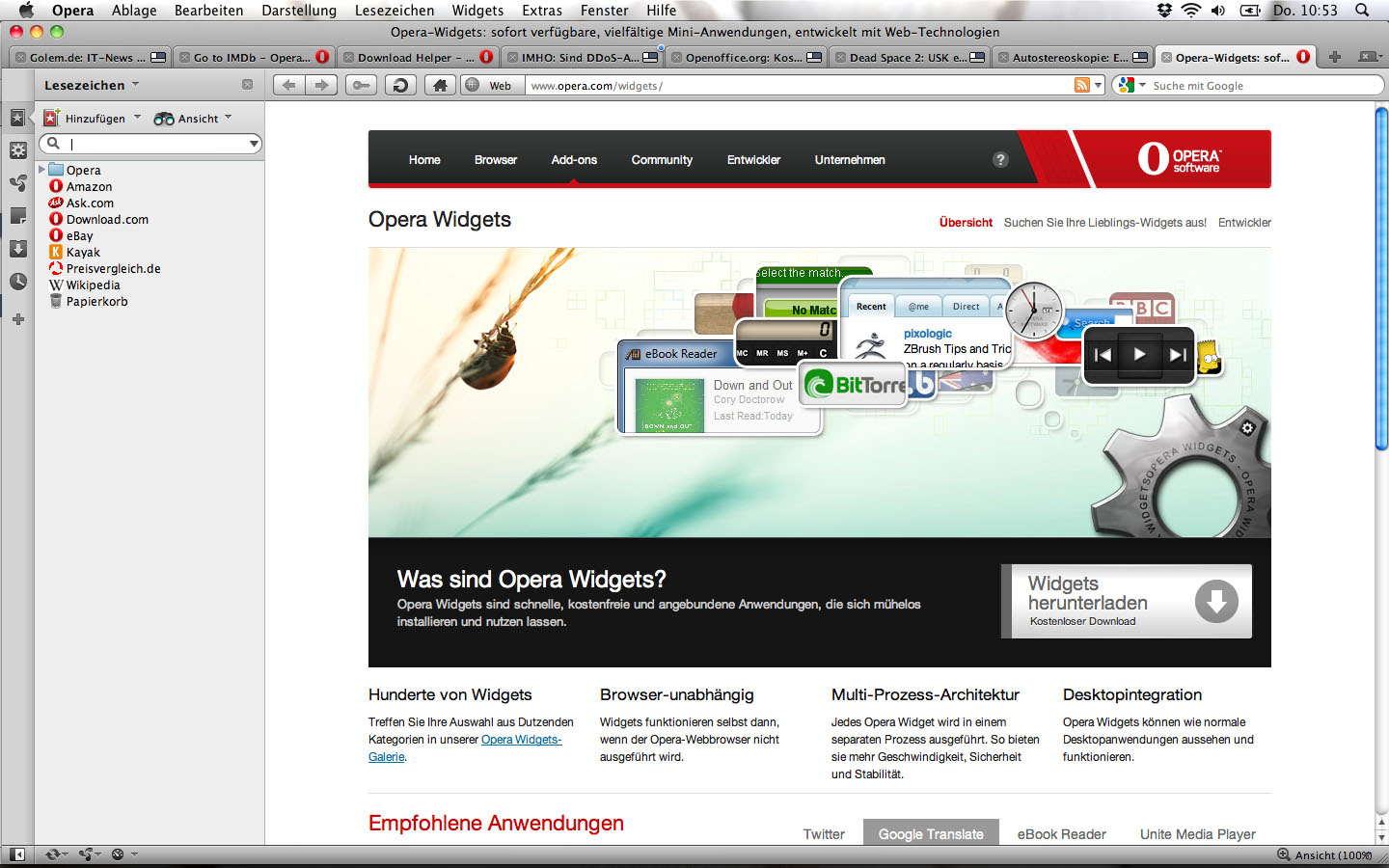 Opera 11 mit Lesezeichen-Paneel