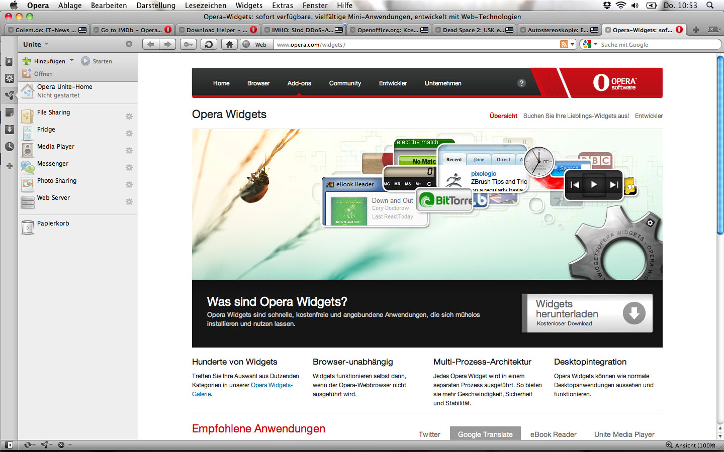 Opera 11 mit geöffnetem Opera Unite