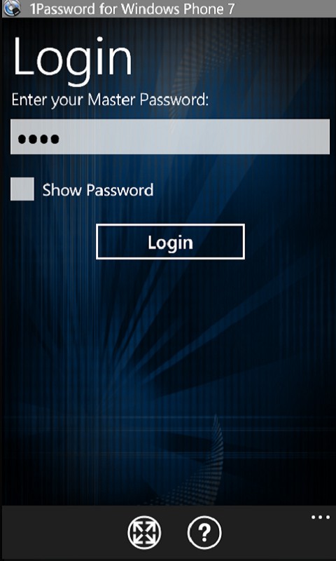 1Password für Windows Phone 7 - Eingabe Masterkennwort