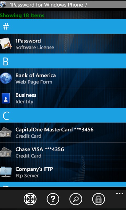 1Password für Windows Phone 7 - Eintragsübersicht