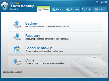 Easeus Todo Backup 2.0 - Startbildschirm