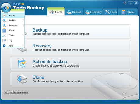 Easeus Todo Backup 2.0 - Menü
