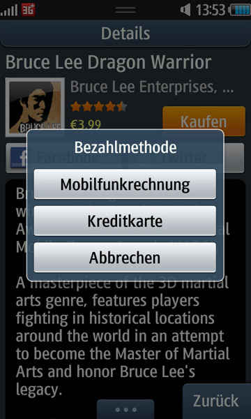 Samsung App Shop - Auswahl der Bezahlmethode