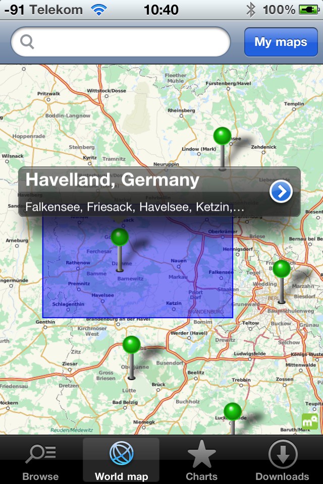 Die Mapquest-Weltkarte zeigt an, welche Fläche die jeweiligen Regionskarten abdecken (Blau). Den Speckgürtel von Berlin gibt es nicht als einzelnen Download.