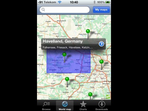 Die Mapquest-Weltkarte zeigt an, welche Fl&auml;che die jeweiligen Regionskarten abdecken (Blau). Den Speckg&uuml;rtel von Berlin gibt es nicht als einzelnen Download. 