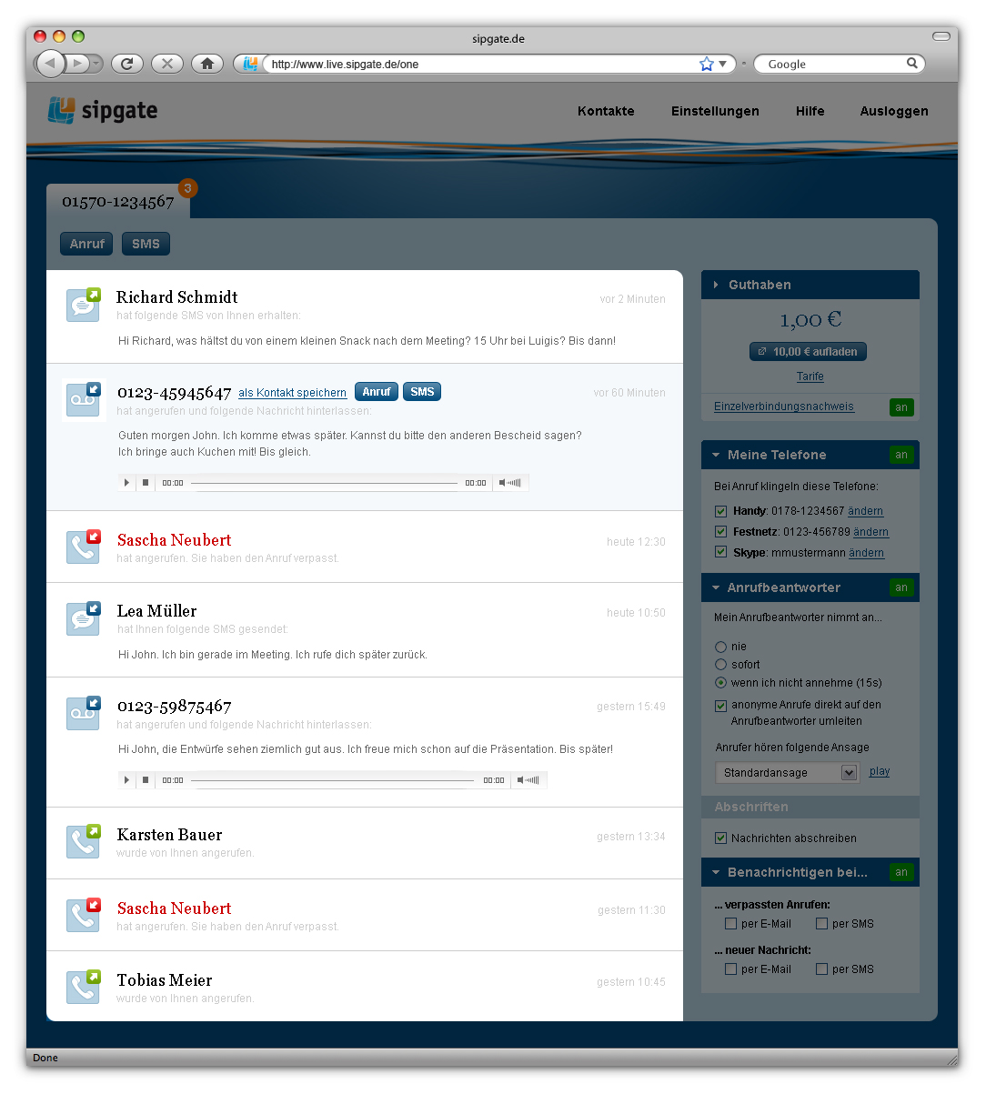 Inbox von Sipgate One