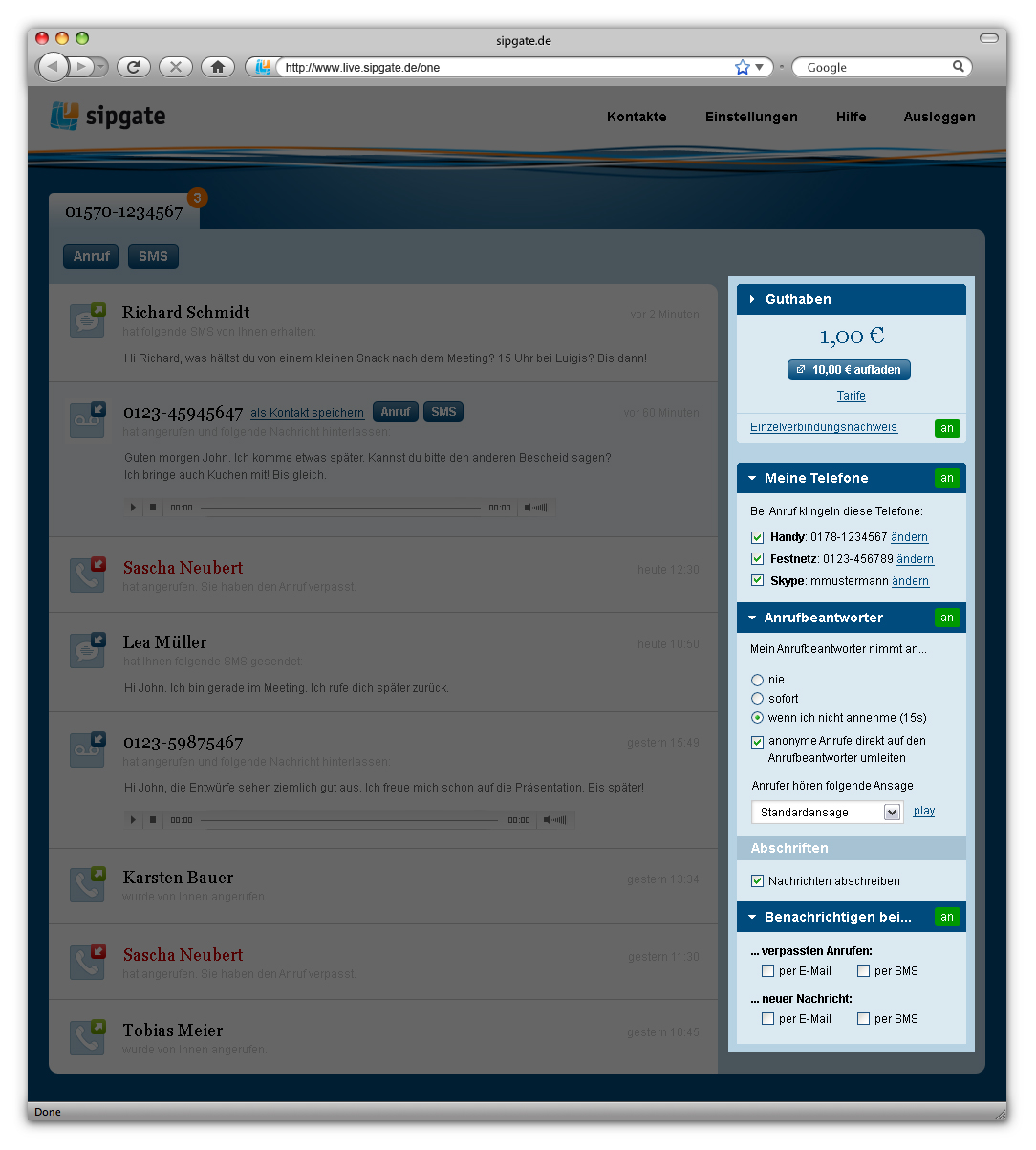 Sipgate One: Einstellungen