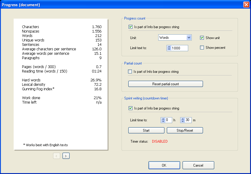 Writemonkey 2.0 - Statistikfunktion