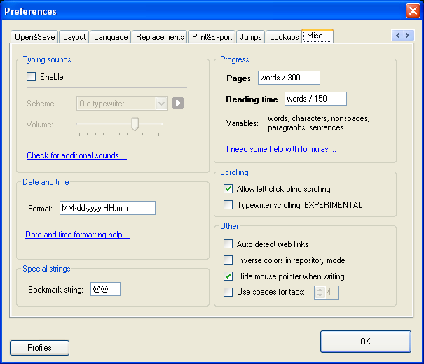 Writemonkey 2.0 - Einstellungen