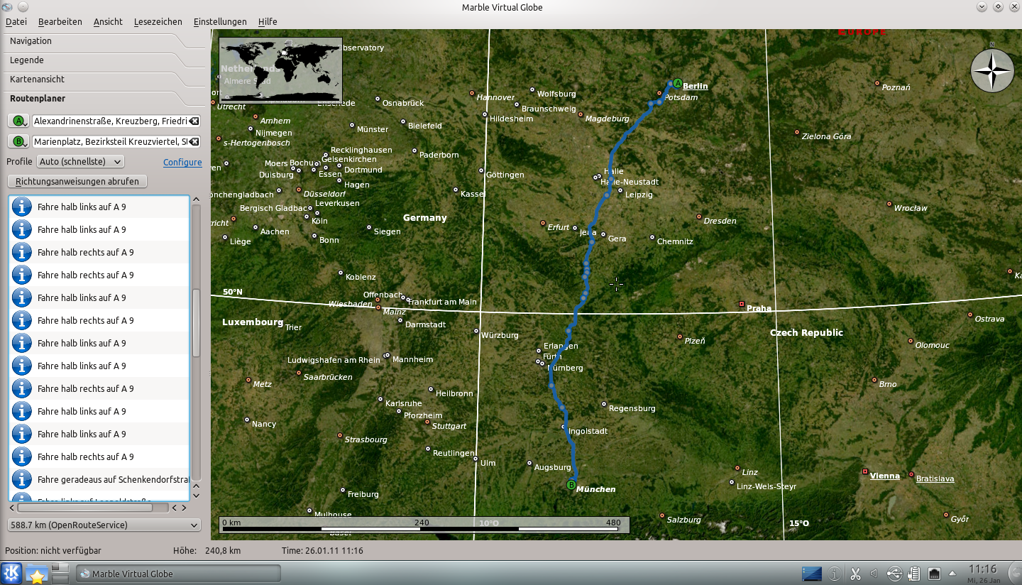 Der Routenplaner im virtuellen Atlas Marble