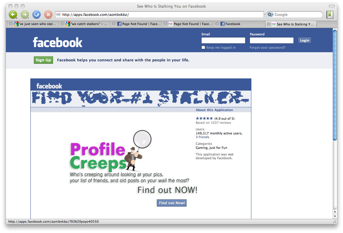 Webseite der Facebook-Anwendung "We Catch Stalkers"