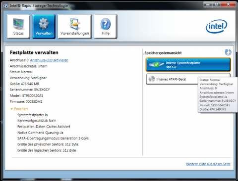 Die Festplatte ist an Port 0, der laut Intel ok ist.