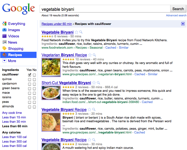 Google Recipe View - einschränkende Suche nach Zutaten