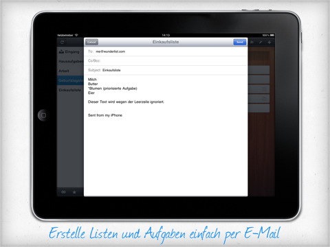 Wunderlist HD für das iPad - E-Mail-Erstellung von Aufgaben