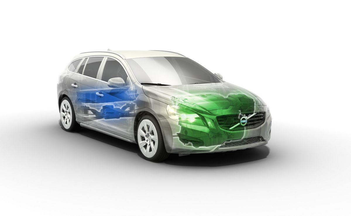 Das Auto verfügt vorn über einen Dieselmotor (grün)...(Bild: Volvo)
