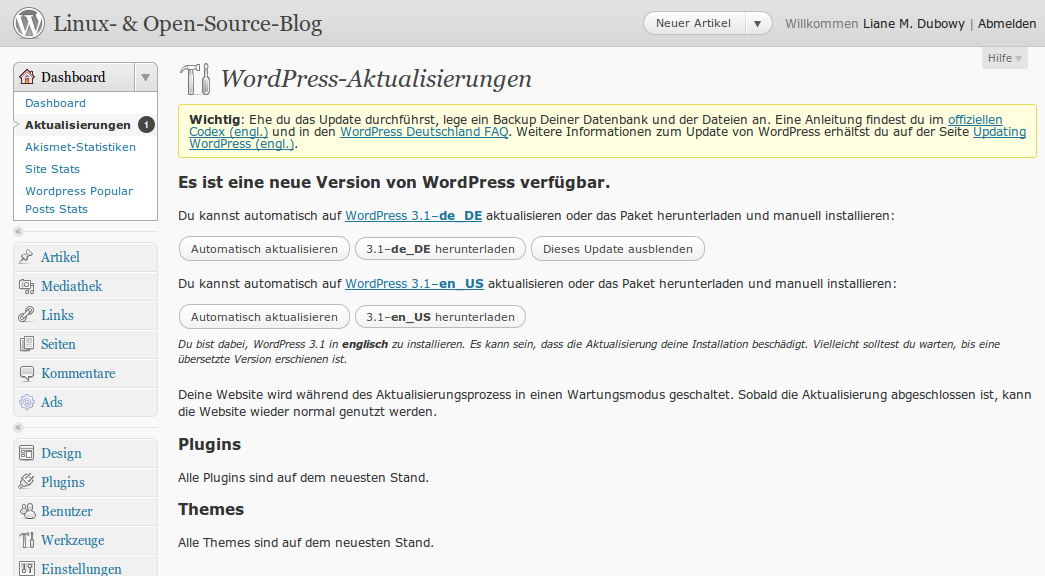 Das Update auf die neue Version lässt sich wie gewohnt bequem im Dashboard einspielen.