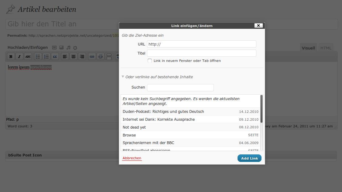 Links auf frühere Artikel lassen sich in Wordpress 3.1 direkt im Editor setzen. Bei großen Artikelbeständen kommt die Suchfunktion gerade recht.
