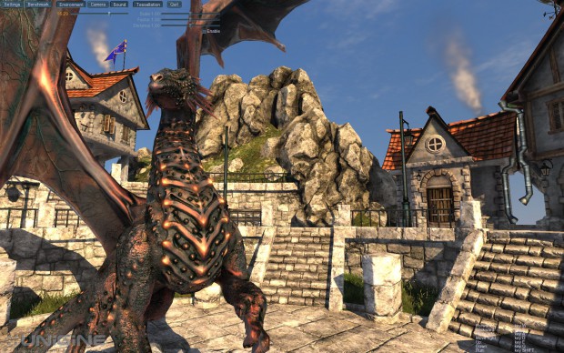 Ohne Tessellation (0x) fehlen dem Drachen die Stacheln, die Stufen sehen glatt aus.