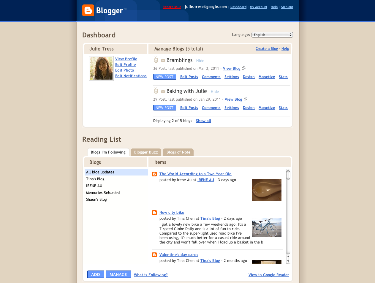 Google Blogger - altes  Dashboard