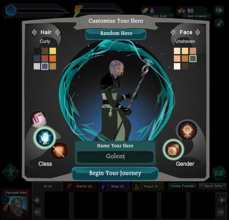 Vor dem Start wählt der Spieler zwischen Krieger, Schurke oder Magier.