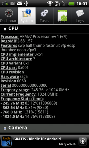 Intern ist ein Snapdragon-ARMv7-Prozessor (MSM 8255) von Qualcomm mit 1 GHz verbaut.