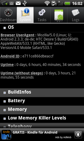 Die Informationen zum Browser unter Android 2.3.3