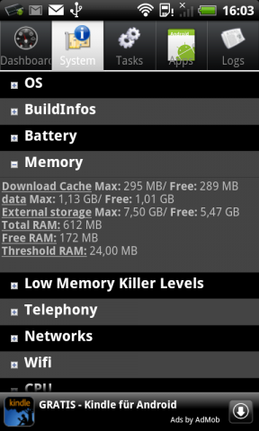 Die Informationen zum Speicher