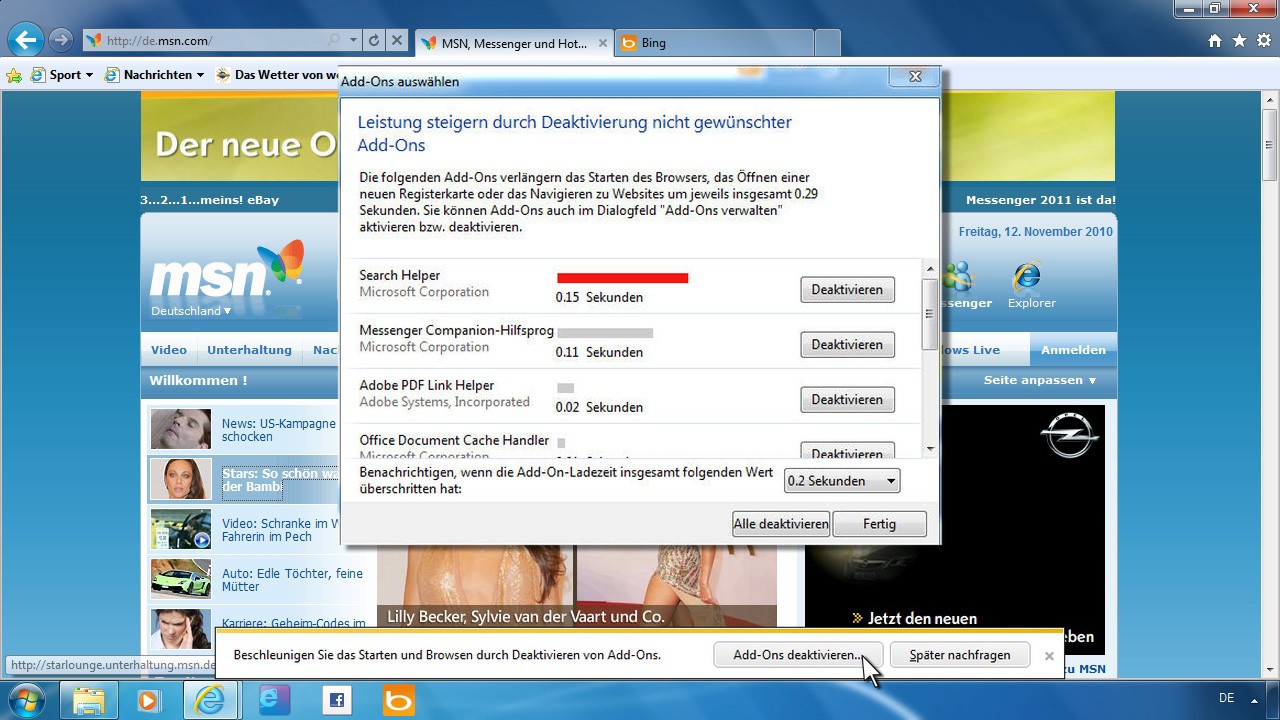 IE9 weist auf Plugins und Erweiterungen hin, die die Leistung beeinträchtigen.