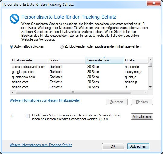 Trackingschutz im Internet Explorer 9