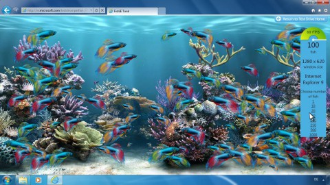 Fishtank-Demo zeigt Canvas 2D mit Hardwarebeschleunigung, WebGL wird nicht unterst&uuml;tzt.