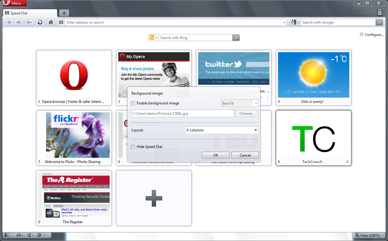 Opera 11.10 - neue Speed-Dial-Seite unterstützt weiterhin beliebige Hintergrundbilder