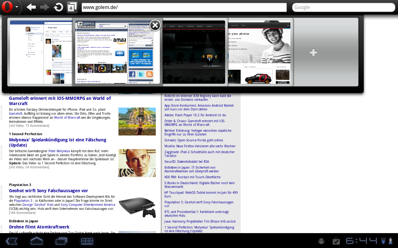 Opera Mobile 11 auf einem Android-Tablet mit offenen Tabs