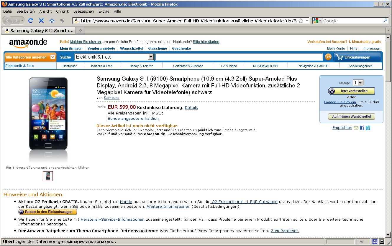 Samsung Galaxy S2 bei Amazon