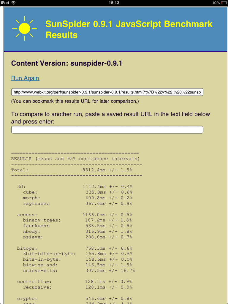 Sunspider-Benchmark in der Version von Maximiliano Firtman, gestartet vom Home-Bildschirm eines iPad mit iOS 4.3